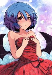 Rule 34 | 1girl, abstract background, alternate costume, bare arms, bare shoulders, bat wings, blue background, blue hair, blush, breasts, commentary request, dress, embarrassed, gradient background, hair between eyes, hands on own chest, light frown, looking at viewer, no headwear, purple background, red dress, remilia scarlet, short hair, small breasts, solo, standing, strapless, strapless dress, sweatdrop, touhou, weather (hamamurataka), wings