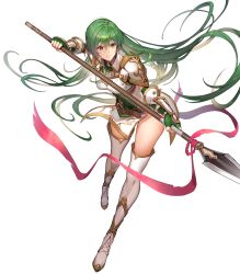 Rule 34 | 1girl, arm guards, armor, belt, boots, breastplate, brown belt, closed mouth, dress, elbow gloves, erinys (fire emblem), female focus, fingerless gloves, fire emblem, fire emblem: genealogy of the holy war, fire emblem heroes, full body, gloves, green eyes, green gloves, green hair, high heels, highres, holding, holding polearm, holding spear, holding weapon, kakage, long hair, matching hair/eyes, nintendo, official art, polearm, short dress, shoulder armor, sleeveless, solo, spear, thigh boots, thighhighs, thighs, transparent background, weapon, white dress, white footwear, zettai ryouiki
