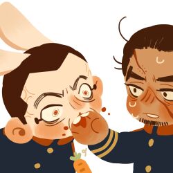 Rule 34 | 2boys, animal ears, biting, biting another&#039;s hand, blood, blue jacket, bright pupils, brown eyes, brown hair, carrot, chengongzi123, closed mouth, constricted pupils, dark-skinned male, dark skin, deformed, facial hair, goatee stubble, golden kamuy, hand up, highres, holding, holding carrot, jacket, kemonomimi mode, long sleeves, looking at another, male focus, military uniform, multiple boys, orange eyes, rabbit ears, raised eyebrows, rikimatsu ariko, scar, scar on face, short hair, simple background, stubble, sweat, thick eyebrows, trembling, uniform, upper body, usami tokishige, veins, very short hair, white background