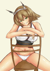 Rule 34 | 10s, 1girl, bad id, bad pixiv id, bare shoulders, breasts, brown hair, chair, collarbone, cowboy shot, crossed arms, green eyes, grin, head tilt, headgear, highres, kantai collection, large breasts, looking at viewer, mutsu (kancolle), mutsu ane daisuki, navel, no pants, panties, short hair, simple background, sitting, sitting backwards, smile, solo, spread legs, tan background, thighs, underwear, white panties