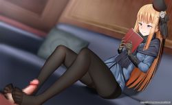Rule 34 | 1girl, blonde hair, blue eyes, blush, censored, couch, fate/grand order, fate (series), feet, footjob, hat, long hair, lord el-melloi ii case files, pantyhose, penis, reading, reines el-melloi archisorte, sitting, smile, toes
