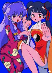 Rule 34 | 2girls, black hair, blue background, cardcaptor sakura, china dress, chinese clothes, clenched hand, crossover, double bun, dress, hair bun, highres, leg up, li meiling, mamono hantā yōko, multiple girls, nui inu, open mouth, palms, purple hair, ranma 1/2, red eyes, shampoo (ranma 1/2), trait connection, twintails