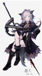 Rule 34 | 1girl, absurdres, animal ears, arknights, black coat, black dress, black footwear, black gloves, blood, blood on face, blood on leg, bloody weapon, blue eyes, boots, chinese commentary, coat, commentary request, crossed legs, dated, dress, full body, gloves, hair ornament, hairclip, highres, invisible chair, lappland (arknights), lappland (refined horrormare) (arknights), looking at viewer, luai (qq), material growth, messy hair, official alternate costume, oripathy lesion (arknights), partial commentary, scar, scar across eye, scar on face, signature, sitting, solo, sword, weapon, white hair, wolf ears