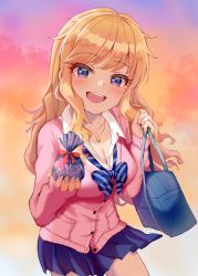 Rule 34 | 1girl, bag, blonde hair, blue bag, blue eyes, blue skirt, blush, breasts, cardigan, cleavage, collarbone, commentary request, day, highres, holding, holding bag, holding sack, idolmaster, idolmaster cinderella girls, jewelry, large breasts, long hair, looking at viewer, necklace, ohtsuki yui, open mouth, outdoors, pink cardigan, ponytail, sack, school uniform, serafuku, shirt, skirt, smile, solo, tudon (donut), valentine, wavy hair, white shirt