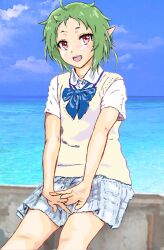 Rule 34 | 1girl, :d, ahoge, alternate costume, blue bow, blue skirt, bow, cloud, collared shirt, elf, green hair, highres, interlocked fingers, looking at viewer, mizumori keiichi, mushoku tensei, ocean, open mouth, outdoors, own hands together, pointy ears, red eyes, shirt, short hair, sitting, skirt, sky, smile, solo, sweater, sweater vest, sylphiette (mushoku tensei), water, white shirt, white sweater