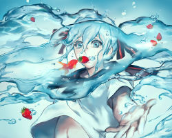 Rule 34 | 1girl, air bubble, animal, blue eyes, blue hair, bottle miku, bubble, fish, food, food in mouth, fruit, goldfish, hair ribbon, hatsune miku, liquid hair, long hair, matching hair/eyes, mouth hold, outstretched arm, p-nekor, ribbon, school uniform, serafuku, solo, strawberry, tears, twintails, underwater, upper body, upshirt, very long hair, vocaloid
