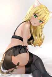 Rule 34 | 1girl, animal ears, ass, black bow, black bra, black panties, black thighhighs, blonde hair, blush, bow, bra, breasts, cat, cat ears, cat tail, commentary request, from side, green eyes, highres, katsushika pachi, lace, lace-trimmed bra, lace-trimmed panties, lace trim, lingerie, long hair, looking at viewer, medium breasts, mole, mole on ass, open mouth, original, panties, print bra, sitting, solo, tail, thighhighs, underwear, underwear only