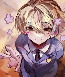 Rule 34 | 1boy, absurdres, blonde hair, blue jacket, brown eyes, close-up, commentary request, floral background, flower, from above, hair between eyes, haninozuka mitsukuni, highres, jacket, long sleeves, looking at viewer, looking up, male focus, necktie, ouran high school host club, ouran high school uniform, pink background, school uniform, shirt, short hair, smile, solo, stuffed animal, stuffed rabbit, stuffed toy, tile floor, tiles, u-sama (u summer0719), upper body, white shirt