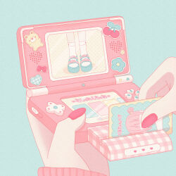 Rule 34 | 1girl, blue background, blue footwear, bow, card, card reader, cherry, commentary, crescent, fingernails, flower, food, fruit, handheld game console, heart, highres, holding, holding card, holding handheld game console, long sleeves, nail polish, nekomaru0817, nintendo ds, original, pastel colors, pink nails, plaid, pov, pov hands, sandals, simple background, sleeves past wrists, socks, solo, sticker, symbol-only commentary, white socks