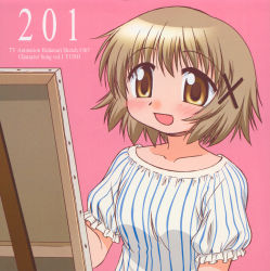 Rule 34 | 00s, 1girl, album cover, blush, brown eyes, brown hair, character single, cover, easel, hair ornament, hidamari sketch, highres, non-web source, official art, open mouth, paint, scan, short hair, solo, yuno (hidamari sketch)