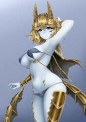 Rule 34 | 1girl, arm up, armpits, arms behind head, barbariank, bikini, blonde hair, breasts, colored skin, commentary, cowboy shot, dragon girl, dragon tail, dungeons &amp; dragons, english commentary, gold dragon (d&amp;d), gold horns, grey background, hair between eyes, highres, horns, large breasts, long hair, looking at viewer, monster girl, navel, personification, scales, simple background, smile, solo, stomach, string bikini, swimsuit, tail, white skin, wings, wizards of the coast, yellow eyes