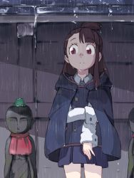 Rule 34 | 10s, 1girl, asymmetrical bangs, brown hair, cloak, closed eyes, closed mouth, collared shirt, cowboy shot, expressionless, frog, frown, highres, jizou, kagari atsuko, little witch academia, long hair, necktie, pleated skirt, rain, red eyes, school uniform, shirt, skirt, solo, standing, statue, tei-o, wet, wet clothes, white shirt, wing collar