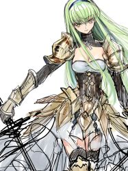 Rule 34 | 1girl, armor, armored dress, breasts, c.c., chrysaor (granblue fantasy), cleavage, code geass, cosplay, creayus, gauntlets, granblue fantasy, green hair, long hair, looking at viewer, medium breasts, pauldrons, shoulder armor, sketch, smile, solo, sword, weapon, white background, yellow eyes