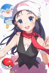 Rule 34 | 1girl, :d, beanie, black hair, black shirt, blue eyes, blush, commentary request, creatures (company), dawn (pokemon), game freak, gen 4 pokemon, hair ornament, hairclip, hand up, happy, hat, highres, long hair, nintendo, open mouth, pink skirt, piplup, poke ball, poke ball (basic), pokemon, pokemon (creature), pokemon dppt, red scarf, scarf, shirt, sidelocks, skirt, sleeveless, sleeveless shirt, smile, teeth, tongue, upper teeth only, white background, white hat, yosame0a