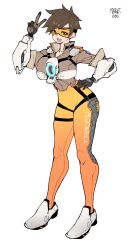 Rule 34 | 1girl, alternate breast size, ass, bodysuit, bomber jacket, breasts, brown eyes, brown hair, chest harness, collarbone, commission, curvy, gloves, hand on own hip, harness, highres, huge breasts, jacket, looking at viewer, norman maggot, orange bodysuit, orange goggles, overwatch, short hair, smile, solo, spiked hair, thigh strap, thighs, tracer (overwatch), v