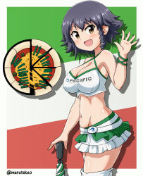 Rule 34 | 10s, 1girl, black hair, blush, boots, bracelet, braid, breasts, brown eyes, cleavage, closed umbrella, cowboy shot, crop top, emblem, fang, food, girls und panzer, groin, hair tie, holding, italian flag, jewelry, large breasts, looking at viewer, maru takeo, microskirt, midriff, navel, open mouth, pepperoni (girls und panzer), pizza, pleated skirt, race queen, short hair, side braid, skirt, smile, solo, standing, thigh boots, thighhighs, twitter username, umbrella, waving, white footwear, yellow eyes