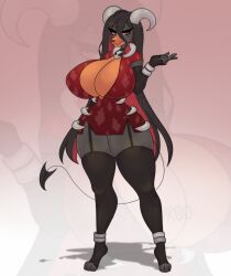 Rule 34 | 1girl, absurdres, black fur, black hair, bone, breasts, cleavage, creatures (company), demon girl, demon horns, demon tail, dog girl, furry, furry female, game freak, garter straps, gen 2 pokemon, highres, horns, houndoom, huge breasts, long hair, looking at viewer, multicolored hair, muroo png, nintendo, open clothes, open shirt, orange fur, pokemon, pokemon (creature), red eyes, red hair, red shirt, shirt, skull, tail, thick thighs, thighhighs, thighs, wide hips, zettai ryouiki