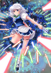Rule 34 | 1girl, apron, aura, between fingers, blue dress, blue eyes, blue footwear, blurry, bow, braid, breasts, colorful, depth of field, dress, foreshortening, frilled apron, frilled dress, frills, gears, hair bow, highres, holding, holding knife, izayoi sakuya, knife, knives between fingers, leg up, lens flare, light particles, maid, maid apron, maid headdress, puffy short sleeves, puffy sleeves, ribbon, shoes, short hair, short sleeves, silver hair, smile, socks, solo, space, teeth, thigh strap, thighs, touhou, twin braids, u4dom, white socks