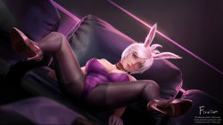 Rule 34 | 1girl, animal ears, bare shoulders, battle bunny riven, black background, black pantyhose, bottle, breasts, brown eyes, choker, cleavage, closed mouth, dutch angle, fake animal ears, firolian, high heels, highres, large breasts, league of legends, leotard, lips, looking at viewer, pantyhose, patreon username, playboy bunny, rabbit ears, riven (league of legends), short hair, silver hair, solo, spread legs, strapless, strapless leotard, tray, watermark, web address