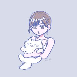 Rule 34 | 1girl, :3, :d, absurdres, animal, artist name, bare arms, bare shoulders, brown eyes, brown hair, cat, collarbone, commentary, forehead, grey background, highres, holding, holding animal, holding cat, looking at another, mole, mole on neck, nogizaka46, olivia (shkm2443), open mouth, original, parted bangs, shirt, short hair, simple background, smile, solo, tank top, upper body, white shirt