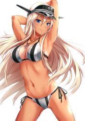 Rule 34 | 10s, 1girl, adapted costume, armpits, arms behind head, bikini, bismarck (kancolle), blonde hair, blue eyes, breasts, cleavage, collarbone, cross, cross necklace, hat, iron cross, jewelry, kantai collection, large breasts, long hair, looking at viewer, military hat, navel, necklace, ocean, parted lips, peaked cap, sakiyamama, side-tie bikini bottom, simple background, solo, striped bikini, striped clothes, swimsuit, tan, tanline, white background
