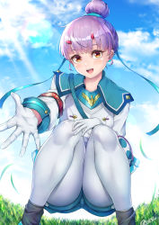 Rule 34 | 1girl, :d, aqua shorts, brown eyes, commentary request, day, fiona (xenoblade), gloves, grass, hair bun, hair ribbon, highres, light rays, looking at viewer, novady, open mouth, outdoors, outstretched arm, pantyhose, purple hair, ribbon, shirt, shorts, signature, sky, smile, solo, squatting, teeth, upper teeth only, white gloves, white pantyhose, white shirt, xenoblade chronicles (series), xenoblade chronicles 3