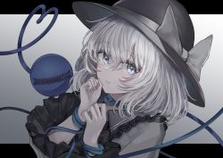 Rule 34 | 1girl, :|, black hat, blue eyes, blush, bound, bound wrists, bow, closed mouth, commentary, expressionless, fingernails, frilled shirt collar, frills, grey bow, grey hair, grey shirt, hands up, hat, hat bow, heart, heart of string, highres, komeiji koishi, looking at viewer, medium hair, muted color, sarasadou dan, shirt, solo, stitches, third eye, touhou, upper body