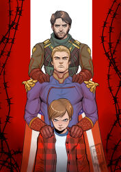 Rule 34 | 3boys, absurdres, age difference, alternate universe, bad end, barbed wire, blonde hair, blue eyes, brown hair, bulletproof vest, cape, character request, child, commentary, english commentary, evil eyes, facial hair, family, father and son, gloves, grandfather and grandson, highres, homelander, looking at viewer, manly, military, military uniform, multiple boys, muscular, muscular male, serious, signature, soldier boy (the boys), spoilers, superhero costume, tazahanum, the boys, uniform