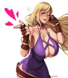 Rule 34 | 1girl, artist name, bare shoulders, blonde hair, blue eyes, bracelet, breasts, choker, cleavage, collarbone, commentary, dress, fatal fury, fingerless gloves, fingernails, freckles, garou: mark of the wolves, gloves, hand up, highres, jenet behrn, jewelry, large breasts, lips, long hair, looking at viewer, makeup, mootium, parted lips, purple dress, red gloves, signature, simple background, skull and crossbones, sleeveless, sleeveless dress, smile, snk, solo, the king of fighters, the king of fighters xv, twitter username, upper body, white background