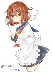 Rule 34 | 10s, 1girl, apron, bad id, bad twitter id, brown eyes, brown hair, hair ornament, hairclip, heart, highres, ikazuchi (kancolle), kantai collection, ladle, school uniform, serafuku, short hair, skirt, smile, solo, souhi, twitter username, white background