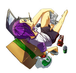 Rule 34 | 1boy, bag, barefoot, box, computer, console, eating, food, full body, hair over one eye, hataraku maou-sama!, knee up, looking at viewer, male focus, mouse (animal), open mouth, pocky, purple eyes, purple hair, shirt, shorts, simple background, sitting, solo, t-shirt, urushihara hanzou, white background, xogml6754
