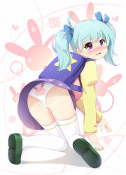 Rule 34 | 1girl, all fours, animal print, ass, backpack, bag, blue hair, blue ribbon, blush, commentary, commission, embarrassed, fang, fingernails, green footwear, hair between eyes, hair ribbon, heart, heart print, ikazu401, juliet sleeves, long sleeves, looking at viewer, looking back, nose blush, original, panties, parted lips, print panties, print skirt, puffy sleeves, purple eyes, purple skirt, rabbit panties, rabbit print, ribbon, shirt, shoe soles, skirt, solo, thighhighs, twintails, underwear, white panties, white thighhighs, yellow shirt