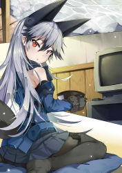 Rule 34 | 10s, 1girl, absurdres, animal ears, black gloves, blue jacket, bowl, cushion, extra ears, from side, fur trim, gloves, grey hair, hair between eyes, highres, holding, holding bowl, indoors, jacket, kemono friends, long hair, looking at viewer, looking back, mechanical ears, miniskirt, pantyhose, pleated skirt, red eyes, silver fox (kemono friends), sitting, skirt, solo, television, tsurime, veranda, wariza, zabuton, zelitto