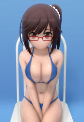Rule 34 | 1girl, 3:, 3d, alternate breast size, alternate hairstyle, between legs, bikini, blue background, blue bikini, breasts, breasts squeezed together, brown eyes, brown hair, chair, cleavage, female focus, glasses, gradient background, hand between legs, highres, ichijou hotaru, large breasts, looking at viewer, navel, non non biyori, red-framed eyewear, scrunchie, side ponytail, siraha, sitting, solo, swimsuit, v arms