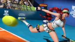 Rule 34 | 1girl, artist name, ball, breasts, caitlyn (league of legends), dual wielding, ezreal, garen (league of legends), green eyes, highres, holding, iury padilha, katarina (league of legends), large breasts, league of legends, long hair, midriff, miniskirt, motion blur, multiple boys, navel, parted lips, ponytail, racket, red hair, running, scar, scar across eye, scar on face, shirt, shoes, sion (league of legends), sivir, skirt, smile, sneakers, solo focus, sportswear, talon (league of legends), taut clothes, taut shirt, tennis, tennis ball, tennis racket, tennis uniform, thigh strap, visor cap, wristband