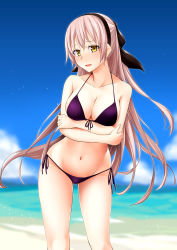 Rule 34 | 1girl, bare arms, bare shoulders, beach, bikini, black hairband, black ribbon, blurry, blurry background, breasts, cleavage, cloud, collarbone, creatures (company), crossed arms, day, deoxys, eiyuu densetsu, elie macdowell, falcom, front-tie bikini top, front-tie top, game freak, gen 3 pokemon, gluteal fold, groin, hair ribbon, hairband, halterneck, horizon, large breasts, legs apart, long hair, looking at viewer, mizuno asami, mythical pokemon, nintendo, ocean, open mouth, pink hair, pokemon, pokemon (creature), purple bikini, purple ribbon, ribbon, side-tie bikini bottom, solo, standing, strapless, sweat, swimsuit, very long hair, water, yellow eyes, zero no kiseki