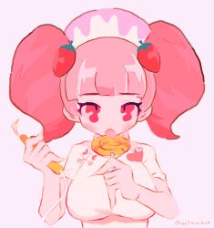 Rule 34 | 1girl, absurdres, blunt bangs, breasts, candy, commentary request, dress, food, food-themed hair ornament, hair ornament, hands up, hat, heart, highres, holding, holding candy, holding food, holding lollipop, licking, lollipop, long hair, looking at viewer, medium breasts, milk (pop&#039;n music), noniha, nurse, nurse cap, open mouth, pink eyes, pink hair, pink hat, pop&#039;n music, short sleeves, solo, strawberry hair ornament, swirl lollipop, tongue, tongue out, twintails, upper body, white background, white dress