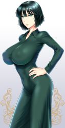 Rule 34 | 1girl, alternate breast size, black hair, breasts, collared dress, commentary request, covered erect nipples, covered navel, dress, fubuki (one-punch man), green dress, green eyes, hand on own hip, highres, huge breasts, long sleeves, looking at viewer, one-punch man, parted lips, short hair, simple background, solo, st.germain-sal, taut clothes, taut dress