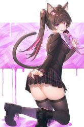 Rule 34 | 1girl, animal ears, ass, black footwear, black jacket, black skirt, black thighhighs, blazer, brown hair, candy, cat ears, cat girl, cat tail, commentary, food, heart, holding, holding candy, holding food, holding lollipop, jacket, kneeling, lollipop, long hair, long sleeves, looking at viewer, looking back, miniskirt, multicolored hair, nail polish, original, pink eyes, plaid, plaid skirt, pleated skirt, school uniform, shoes, skirt, slit pupils, solo, tail, tail raised, thighhighs, tokki, tongue, tongue out, twintails, two-tone hair, zettai ryouiki