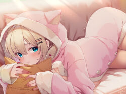 Rule 34 | 1girl, akai haato, animal hood, aqua eyes, blush, brown hair, closed mouth, commentary request, couch, hair between eyes, hair ornament, heart, heart hair ornament, highres, hololive, hood, hoodie, hugging object, indoors, light smile, long hair, long sleeves, looking at viewer, lying, magowasabi, nail polish, pink hoodie, signature, solo, virtual youtuber, x hair ornament