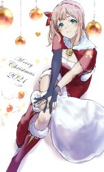 Rule 34 | 1girl, absurdres, bag, black gloves, blonde hair, blush, boots, bow, christmas, christmas ornaments, closed mouth, dress, gloves, green eyes, hair bow, hibike! euphonium, highres, holding, holding bag, knees together feet apart, knees up, kuziaaizuk, long hair, looking at viewer, red bow, red dress, red footwear, santa costume, short sleeves, sitting, smile, solo, white background, yoshikawa yuuko