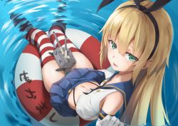 Rule 34 | 1girl, 1other, anchor hair ornament, bitterpain, black hairband, black panties, blonde hair, blue sailor collar, blue skirt, commentary request, crop top, elbow gloves, gloves, green eyes, hair ornament, hairband, highleg, highleg panties, highres, kantai collection, lifebuoy, long hair, microskirt, miniskirt, panties, pleated skirt, rensouhou-chan, sailor collar, shimakaze (kancolle), sitting, skirt, soaking feet, striped clothes, striped thighhighs, swim ring, thighhighs, underwear, water, white gloves