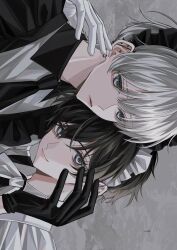 Rule 34 | 2boys, apron, black gloves, black hair, black necktie, blue eyes, closed mouth, ear piercing, earrings, gloves, grey eyes, grey hair, hair between eyes, highres, jewelry, looking at viewer, maid, maid apron, male focus, multiple boys, necktie, original, parted lips, piercing, short hair, simple background, smile, sosaku 25, upper body, white gloves