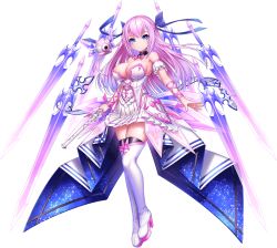 Rule 34 | 1girl, arm ribbon, armpits, bare shoulders, blue eyes, bow, bowtie, breasts, cleavage, crystal sword, detached collar, floating, floating object, floating sword, floating weapon, gradient hair, hair ribbon, high heels, highres, holding, holding wand, jewel princess reincarnation, large breasts, looking at viewer, multicolored hair, official art, pink hair, ribbon, sword, thighhighs, wand, weapon
