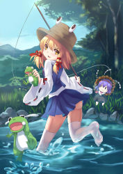 Rule 34 | 1girl, absurdres, blonde hair, character doll, female focus, fishing rod, frog, highres, long sleeves, looking at viewer, moriya suwako, no shoes, nomi mochigome, open mouth, running, shirt, skirt, smile, solo, tears, thighhighs, touhou, water, white thighhighs, wide sleeves, yasaka kanako, yellow eyes