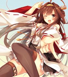 Rule 34 | 1girl, ahoge, bare shoulders, boots, brown hair, brown thighhighs, detached sleeves, double bun, hair bun, hair ornament, hairband, headgear, japanese clothes, kantai collection, kongou (kancolle), long hair, looking at viewer, nontraditional miko, one-hour drawing challenge, one eye closed, open mouth, outstretched hand, pleated skirt, ribbon trim, signature, skirt, smile, solo, thigh boots, thighhighs, toosaka asagi, zettai ryouiki