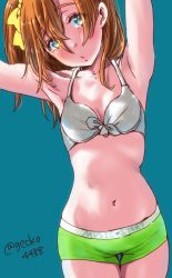 Rule 34 | 10s, 1girl, aqua background, armpits, arms up, blue eyes, blush, bow, bra, front-tie top, gecko4488, hair bow, kosaka honoka, looking at viewer, love live!, love live! school idol project, midriff, navel, one side up, open mouth, orange hair, short hair, side ponytail, simple background, solo, thigh gap, twitter username, underwear, yellow bow