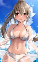 Rule 34 | 1girl, bikini, blush, brown eyes, brown hair, cloud, cloudy sky, hair ornament, hairclip, highres, hololive, hololive english, jacket, long hair, looking at viewer, multicolored hair, nanashi mumei, navel, one-piece swimsuit, ponytail, reum0602, see-through, see-through jacket, sky, streaked hair, swimsuit, unfinished, very long hair, virtual youtuber, white one-piece swimsuit