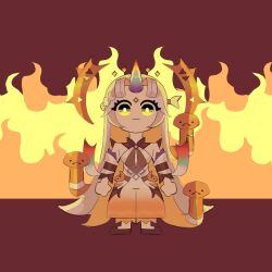 Rule 34 | blonde hair, chibi, fire, fire emblem, fire emblem heroes, gullveig (fire emblem), gullveig (seer beyond time) (fire emblem), highres, lilclairvoyant, long hair, multicolored hair, nintendo, oni horn, orange hair, snake, spikes, tagme, wide hips