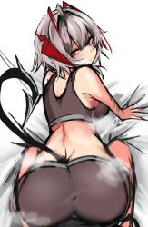 Rule 34 | 1girl, absurdres, all fours, antenna hair, arknights, ass, bare shoulders, bike shorts, black tail, breath, brown eyes, brown shorts, brown sports bra, closed mouth, from behind, grey hair, highres, looking at viewer, looking back, median furrow, mitarashi renge, multicolored hair, red hair, short hair, shorts, sketch, solo, sports bra, streaked hair, tail, turning head, w (arknights), white background